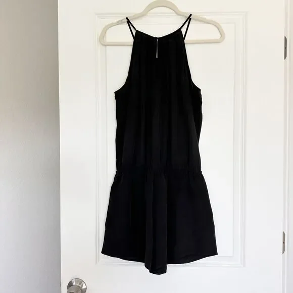 Joie 100% Silk Black Romper Womens Medium Halter Sleeveless Pockets Dressy
